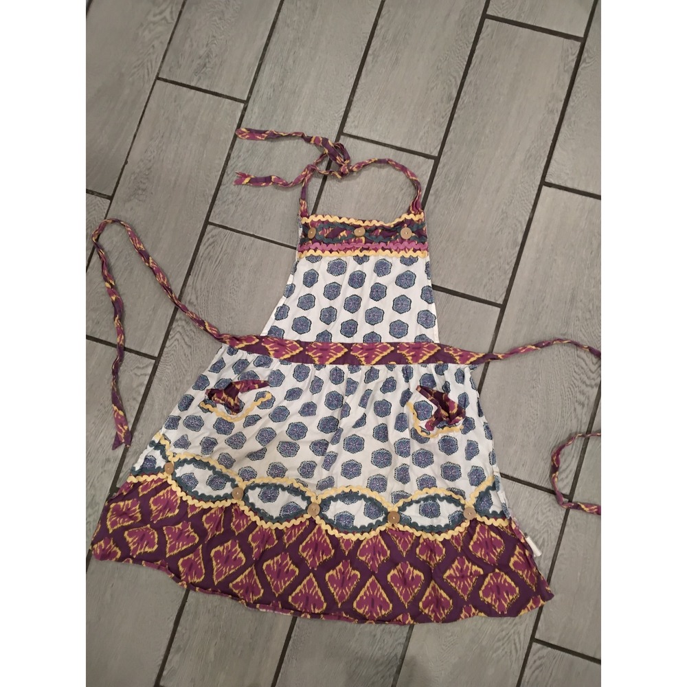 Anthropologie Boho Mixed Print Halter Apron Purple Ikat Medallion Cotton Pockets
